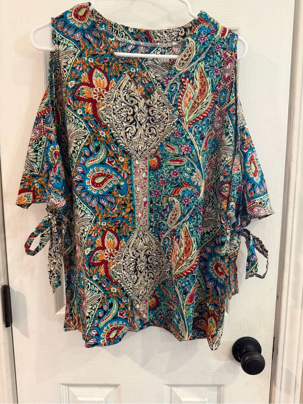 Teal Paisley Cold-Shoulder Tie-Sleeve Blouse